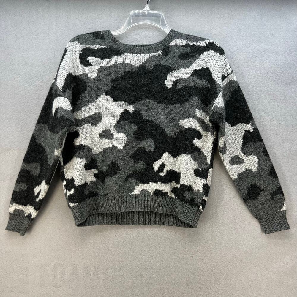 Lucky Brand Sweater Women 's M Grey Camo Crew Neck Sweater Preppy Normcore
